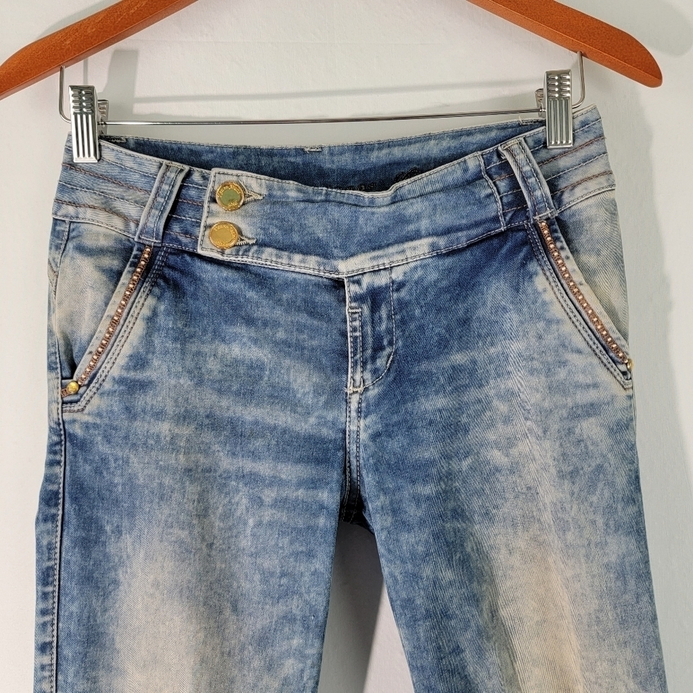 Kenzo GOLD DENIM VANY Skinny Mid-Rise Jeans Sz 6 Designer Beaded Gold Button - Picture 3 of 12